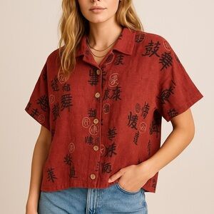 Vintage Clio 100% Linen Blouse Red Asian Print Button Front Top